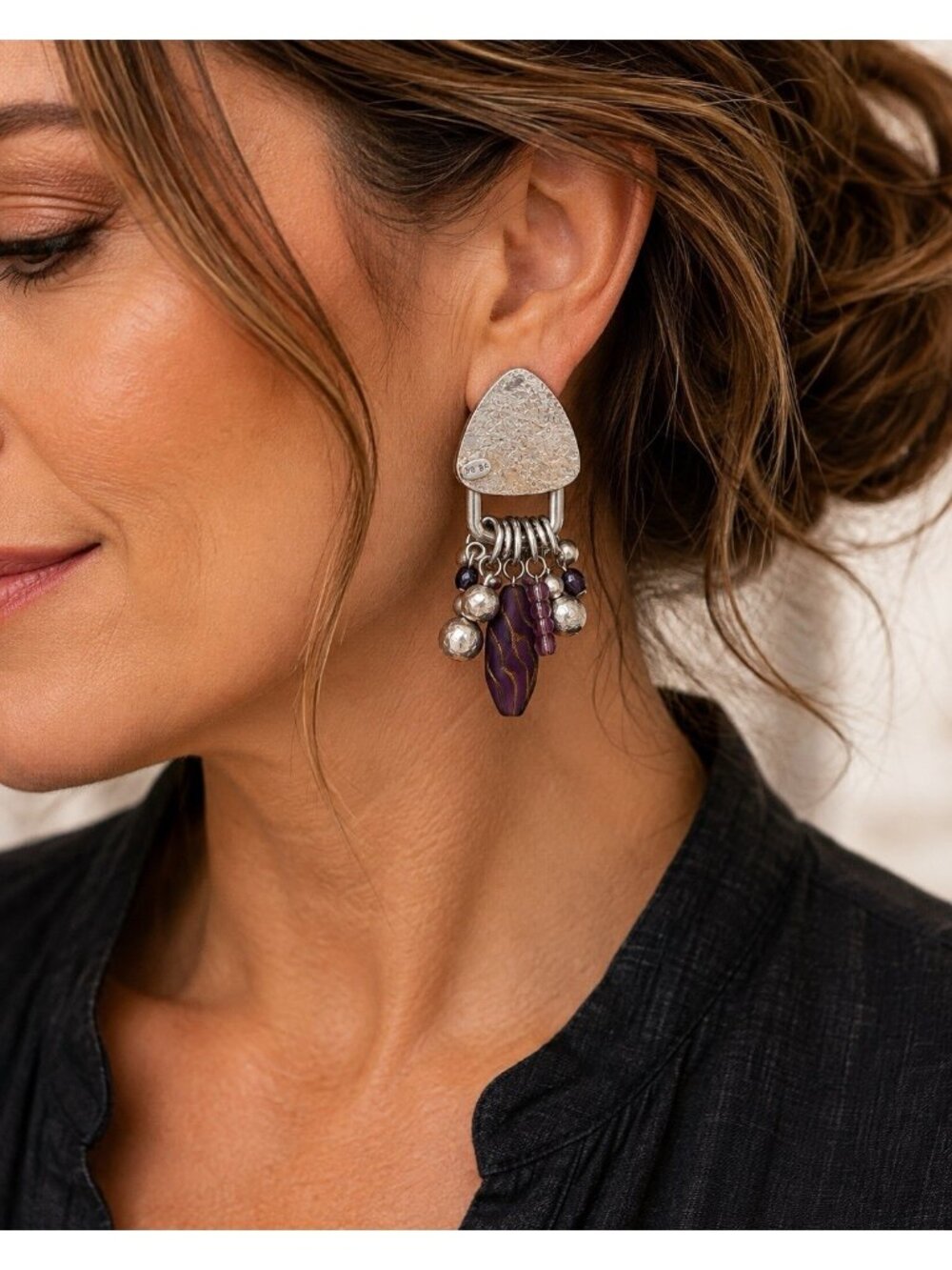 Marjorie Baer MB SF Clip On Earrings Purple Art Glass Beaded Dangle Statement